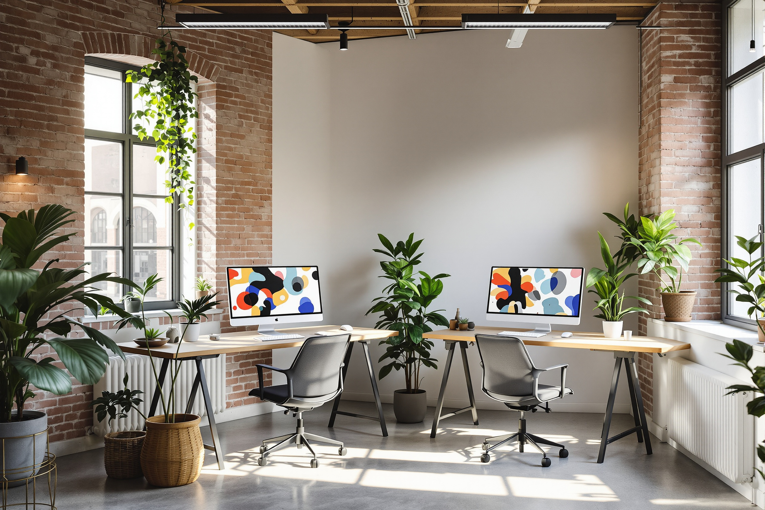 A bright modern web design studio interior with clean desks and plants