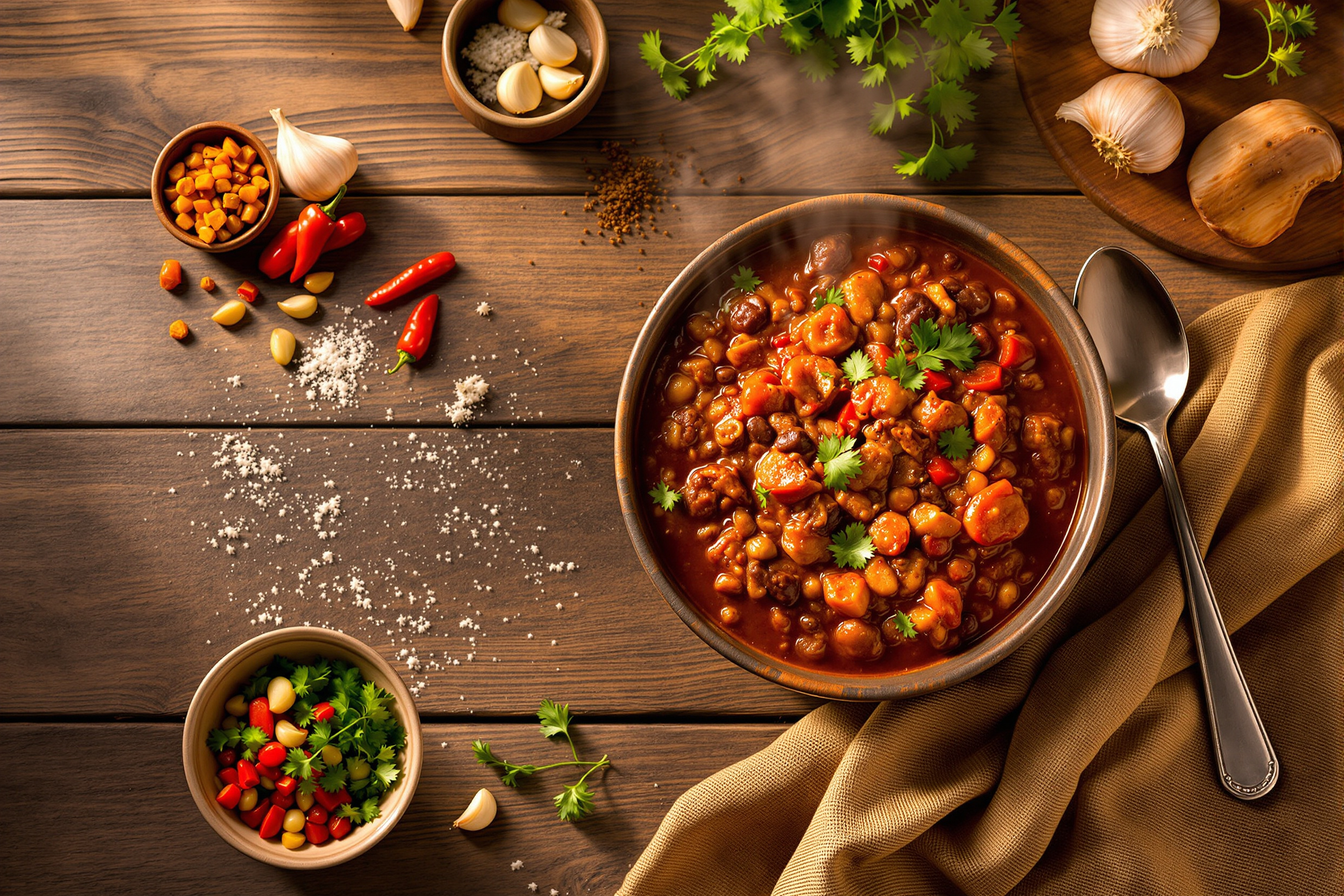 An overhead view of a steaming bowl of chili with peppers and garlic on a wooden table