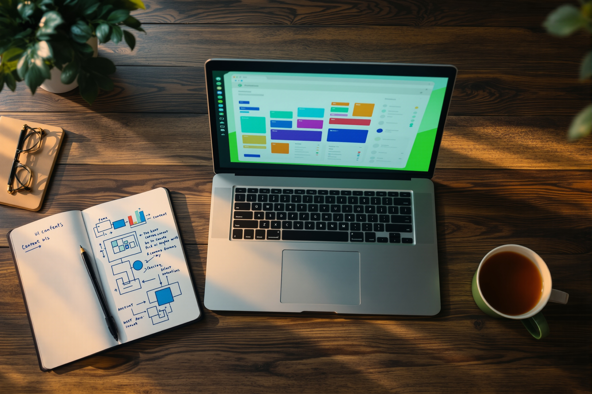 A laptop showing an abstract content management dashboard beside UI sketches