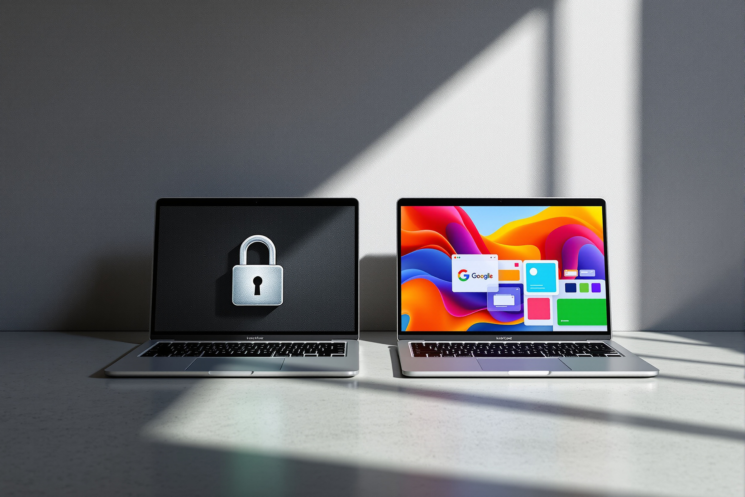 Two laptops side by side, one showing a locked padlock and one an open modular layout