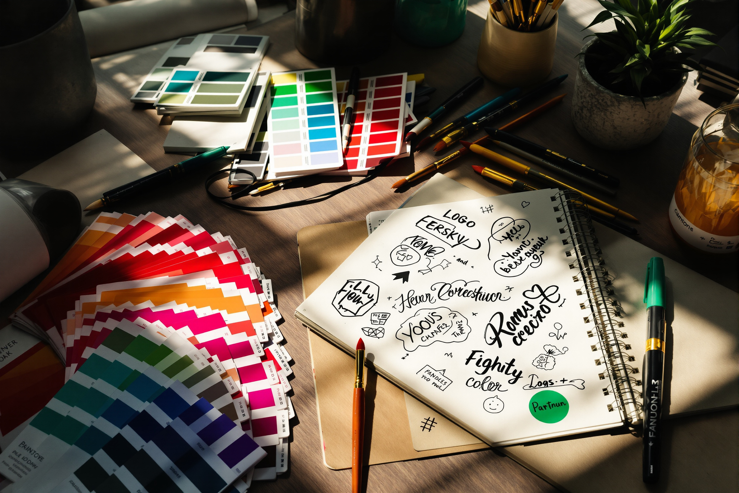 A creative design desk with logo sketches, color swatches and printed brand materials