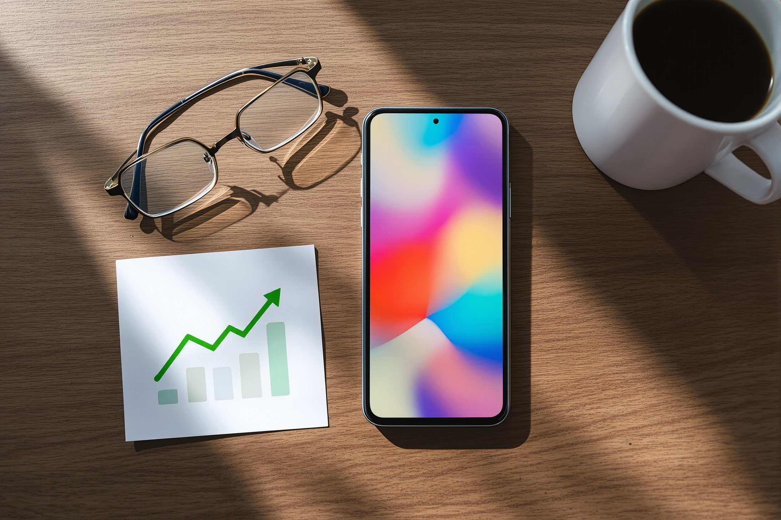 A smartphone showing a social media feed beside a printed analytics chart trending upward