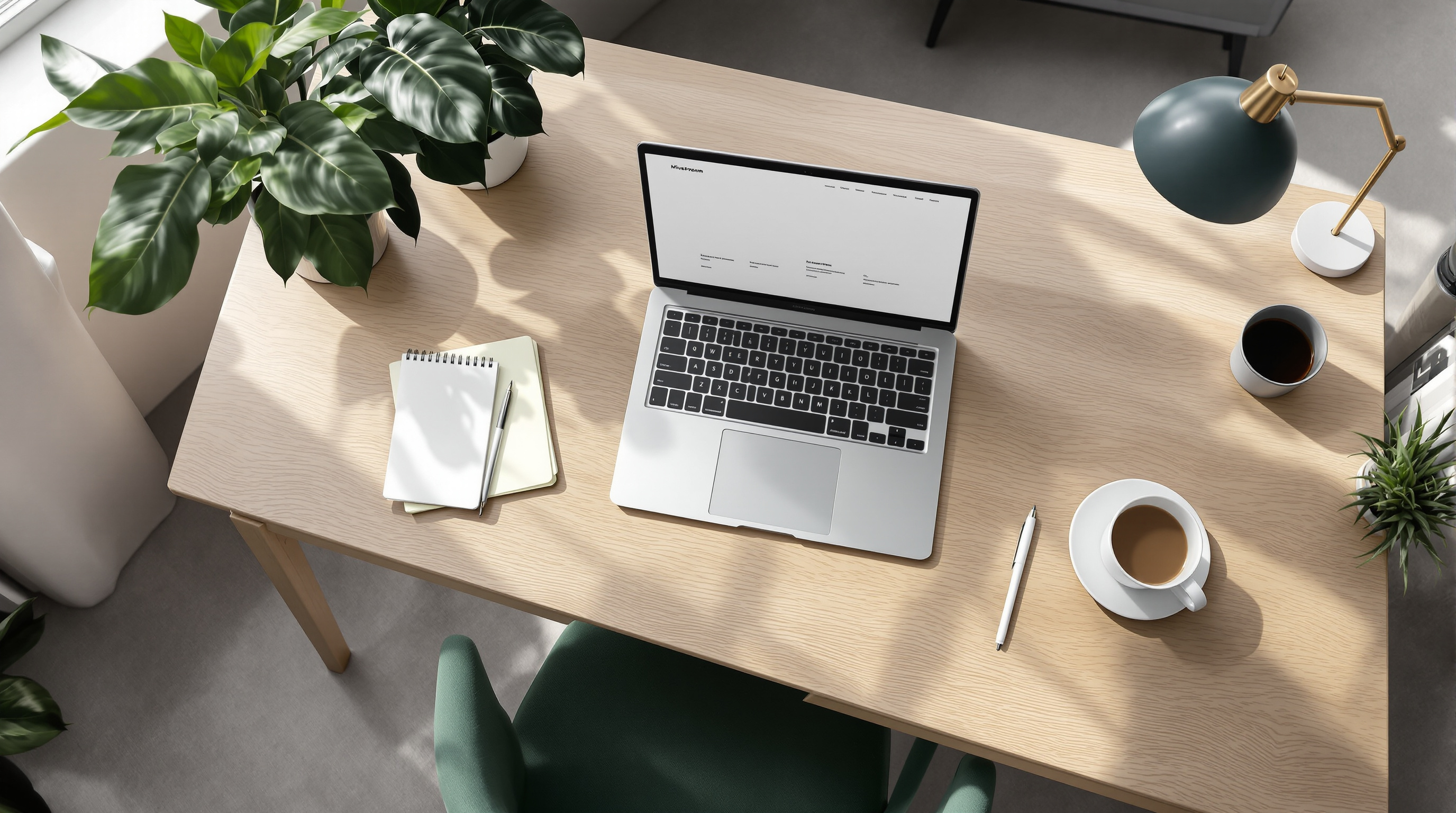 A tidy modern web design workspace with a laptop, notebook and coffee