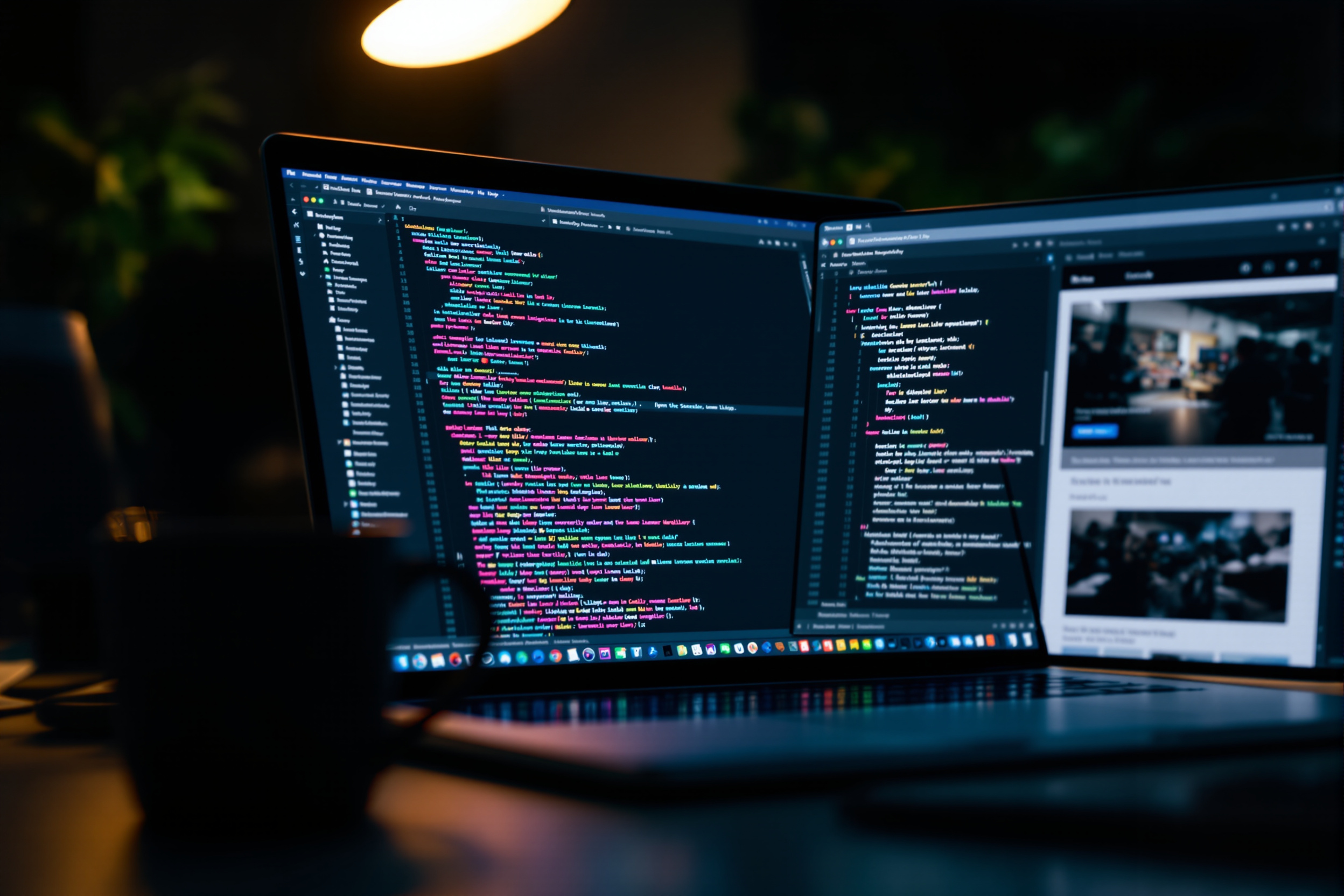A laptop showing website code next to a live site preview