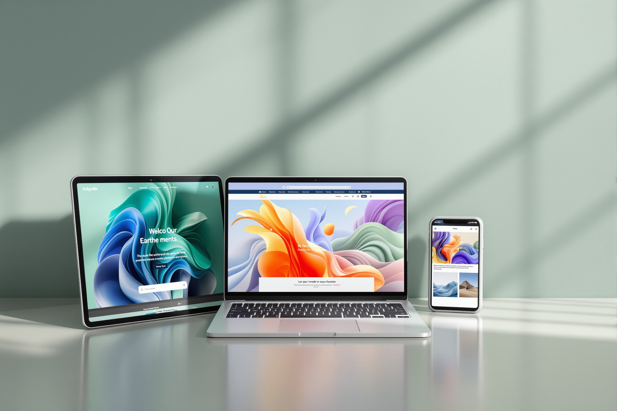 Laptop, tablet and phone each showing a different website design